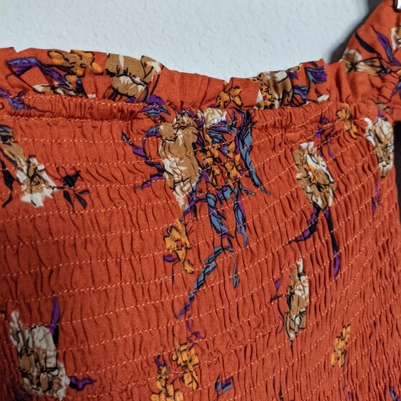 Orange floral print shirred off the shoulder long sleeve dress - Picture 7 of 11